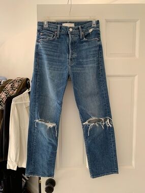 Mother Distressed Straight-Leg Blue Jeans